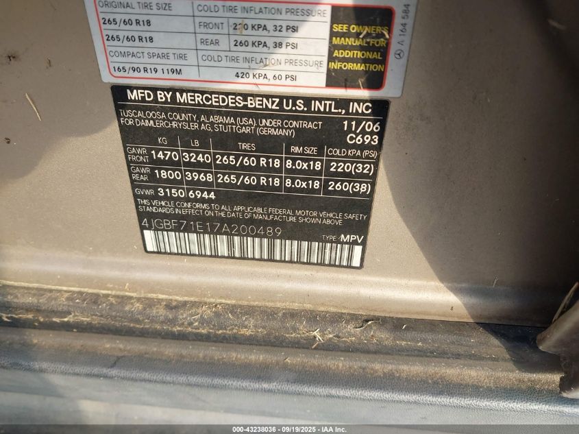 2007 Mercedes-Benz Gl 450 4Matic VIN: 4JGBF71E17A200489 Lot: 43238036