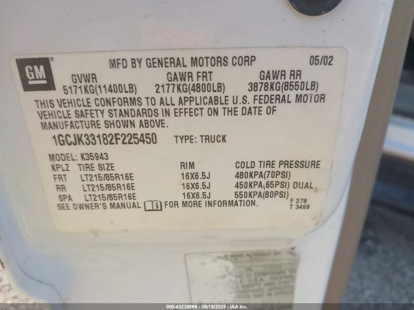 2002 Chevrolet Silverado 3500 Ls VIN: 1GCJK33182F225450 Lot: 43238066