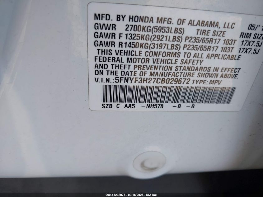 2012 Honda Pilot Lx VIN: 5FNYF3H27CB029672 Lot: 43238075