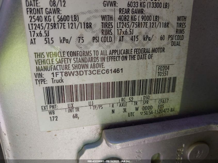 2012 Ford F-350 Lariat VIN: 1FT8W3DT3CEC61461 Lot: 43238081
