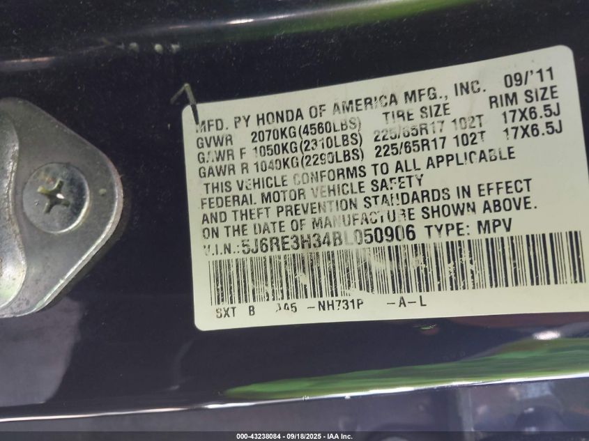 2011 Honda Cr-V Lx VIN: 5J6RE3H34BL050906 Lot: 43238084