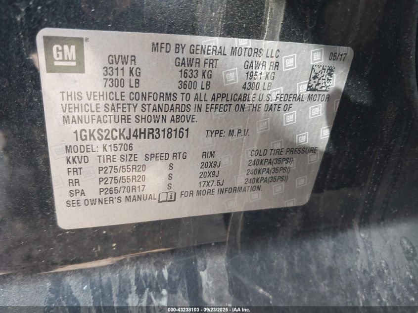 2017 GMC Yukon Denali VIN: 1GKS2CKJ4HR318161 Lot: 43238103