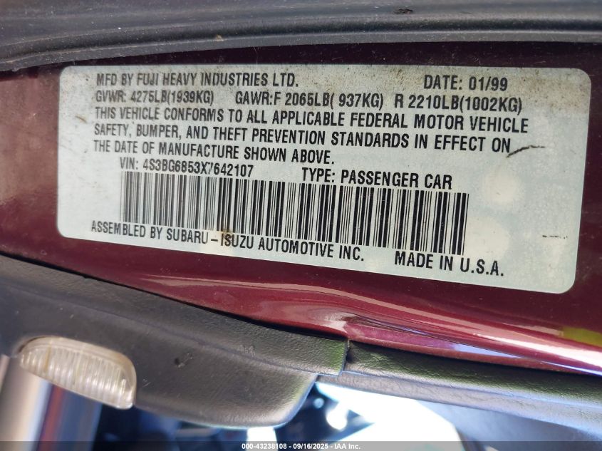 1999 Subaru Legacy 30Th Ann. Outback Ltd./Outback VIN: 4S3BG6853X7642107 Lot: 43238108