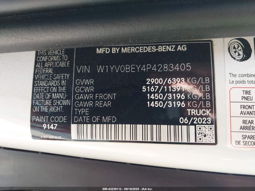 2023 Mercedes-Benz Metris VIN: W1YV0BEY4P4283405 Lot: 43238112