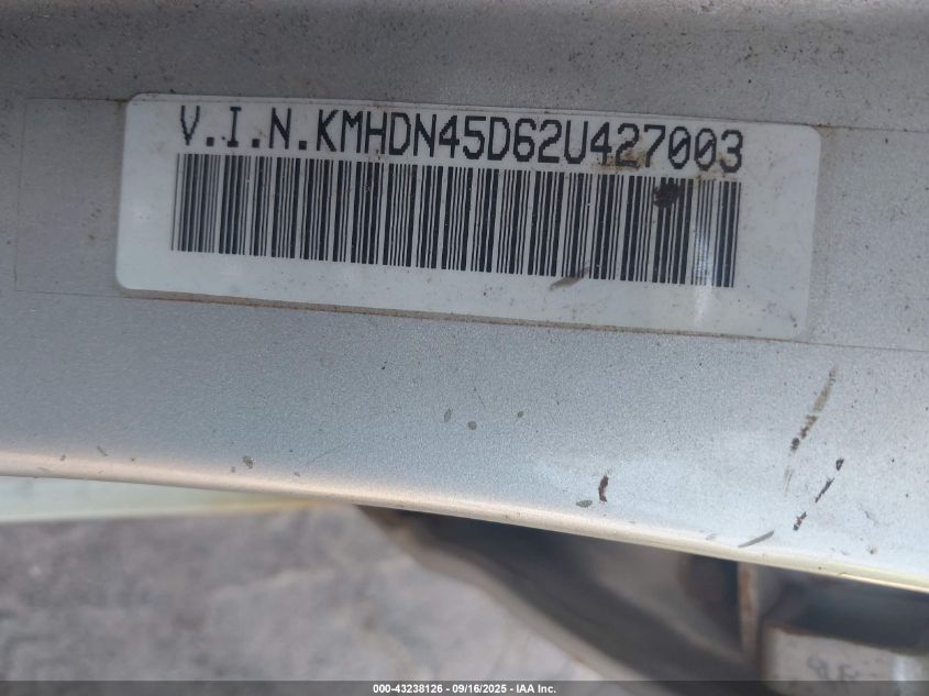 2002 Hyundai Elantra Gls VIN: KMHDN45D62U427003 Lot: 43238126