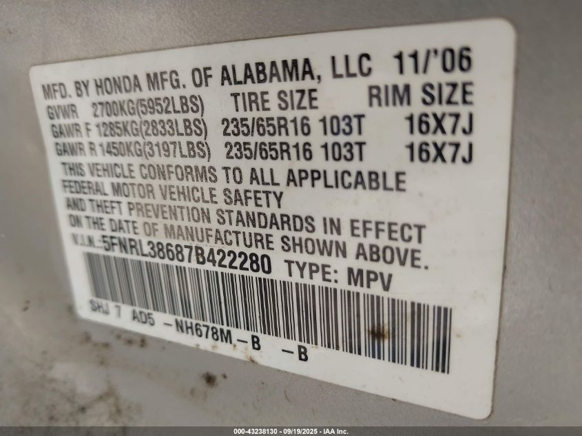 2007 Honda Odyssey Ex-L VIN: 5FNRL38687B422280 Lot: 43238130