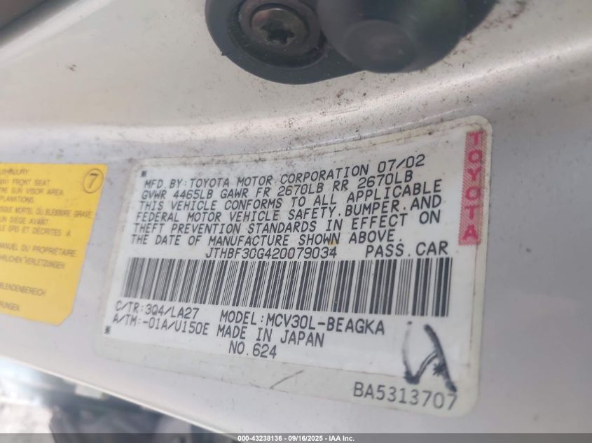 2002 Lexus Es 300 VIN: JTHBF30G420079034 Lot: 43238136