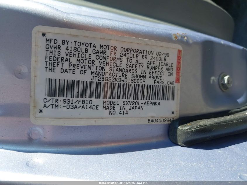 1998 Toyota Camry Le VIN: JT2BG22K9W0186606 Lot: 43238137