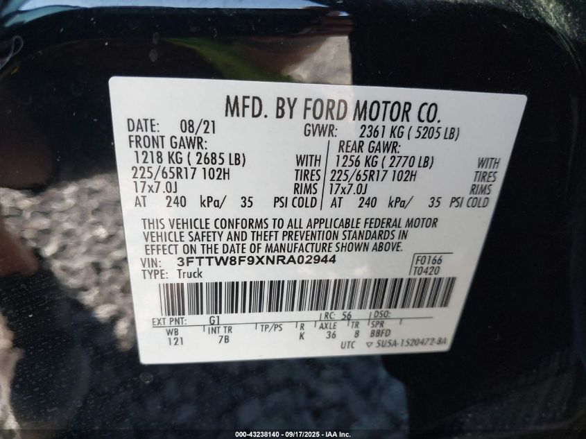 2022 Ford Maverick Xlt VIN: 3FTTW8F9XNRA02944 Lot: 43238140