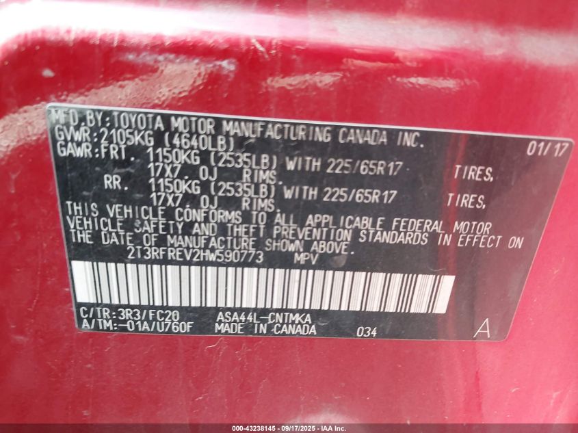 2017 Toyota Rav4 Xle VIN: 2T3RFREV2HW590773 Lot: 43238145