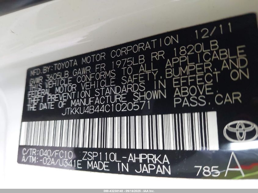 2012 Scion Xd VIN: JTKKU4B44C1020571 Lot: 43238148