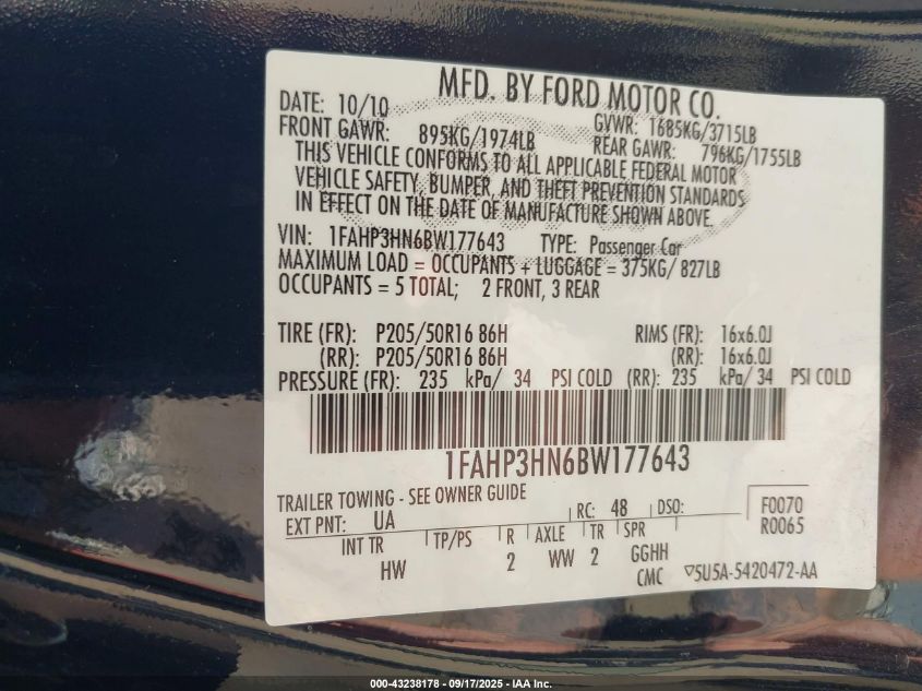 2011 Ford Focus Sel VIN: 1FAHP3HN6BW177643 Lot: 43238178