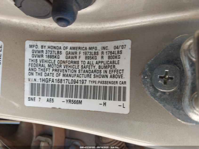 2007 Honda Civic Ex VIN: 1HGFA16817L094197 Lot: 43238185