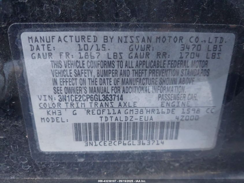 2016 Nissan Versa Note S (Sr)/S Plus/Sl/Sr/Sv VIN: 3N1CE2CP6GL363714 Lot: 43238187