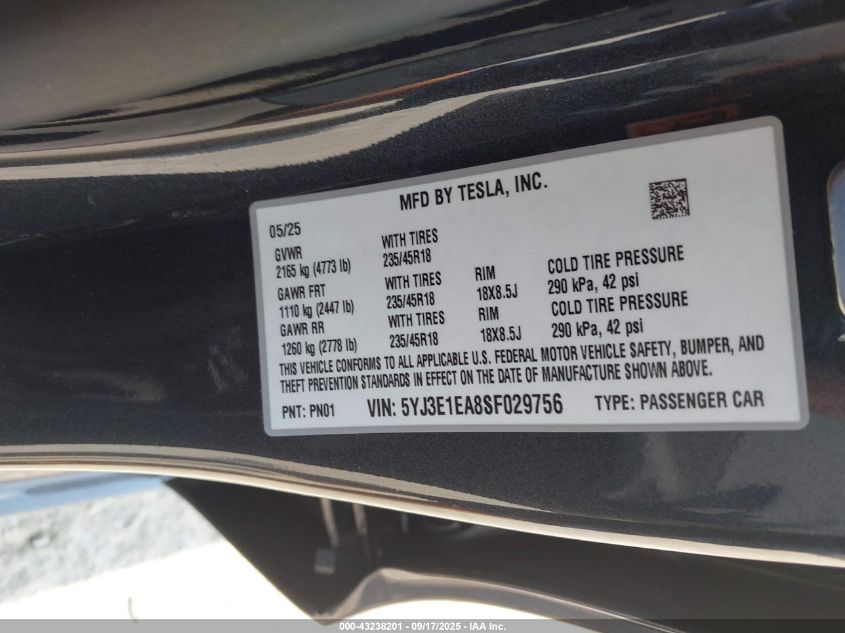 2025 Tesla Model 3 Long Range Rear-Wheel Drive VIN: 5YJ3E1EA8SF029756 Lot: 43238201
