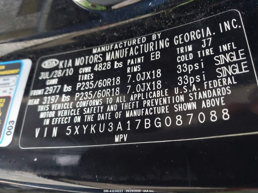 2011 Kia Sorento Ex VIN: 5XYKU3A17BG087088 Lot: 43238223