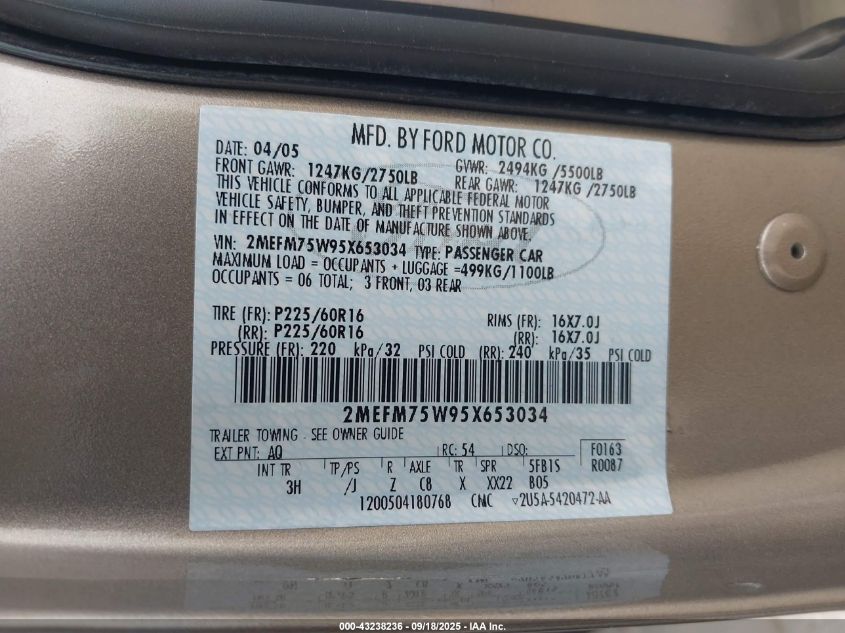 2005 Mercury Grand Marquis Ls/Lse VIN: 2MEFM75W95X653034 Lot: 43238236
