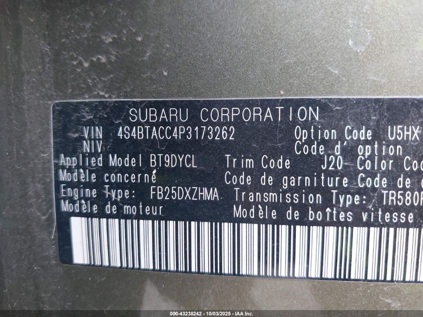 2023 Subaru Outback Premium VIN: 4S4BTACC4P3173262 Lot: 43238242