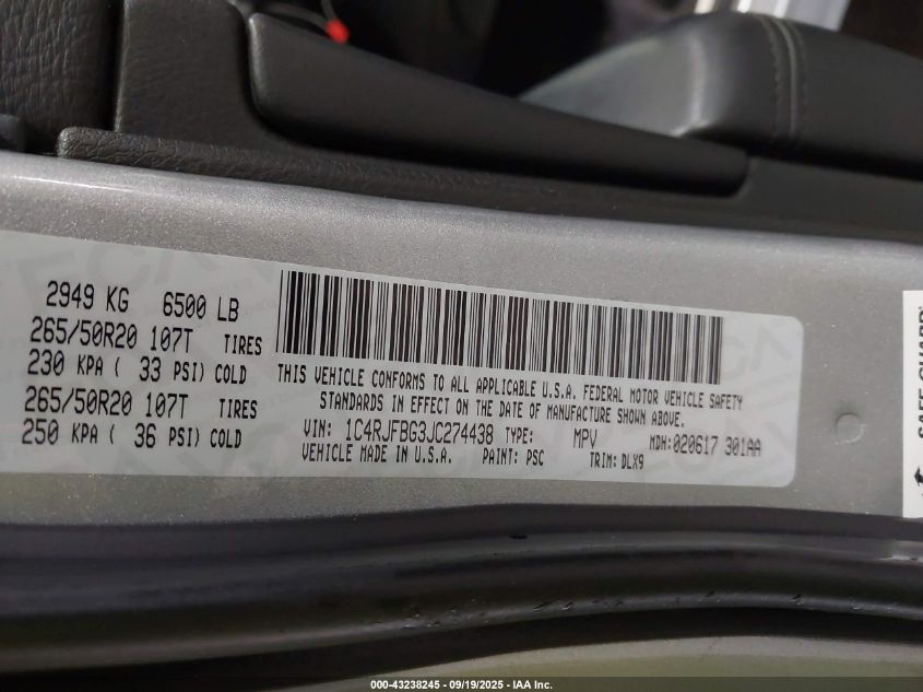 2018 Jeep Grand Cherokee Limited 4X4 VIN: 1C4RJFBG3JC274438 Lot: 43238245