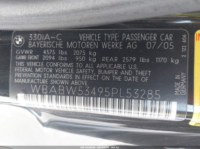2005 BMW 330Ci VIN: WBABW53495PL53285 Lot: 43238249
