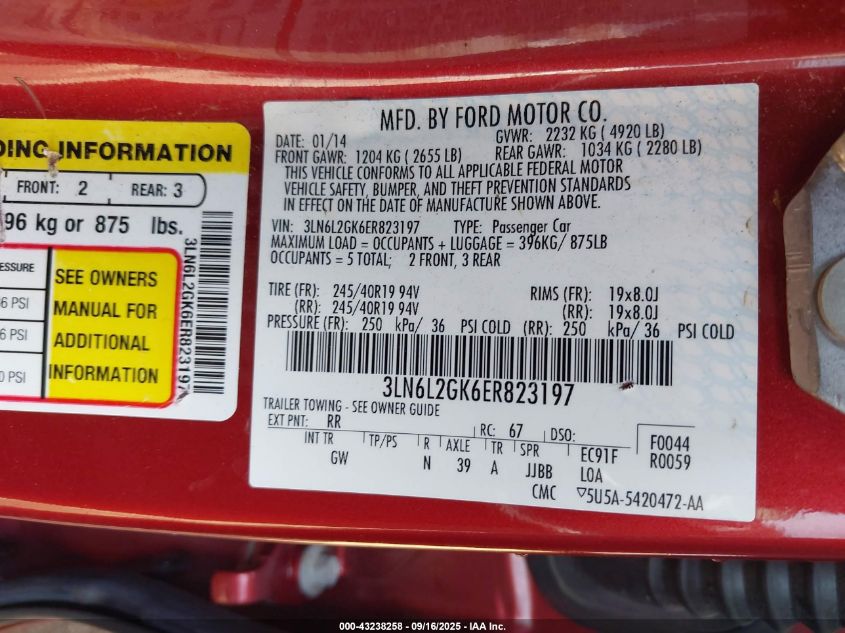 2014 Lincoln Mkz VIN: 3LN6L2GK6ER823197 Lot: 43238258