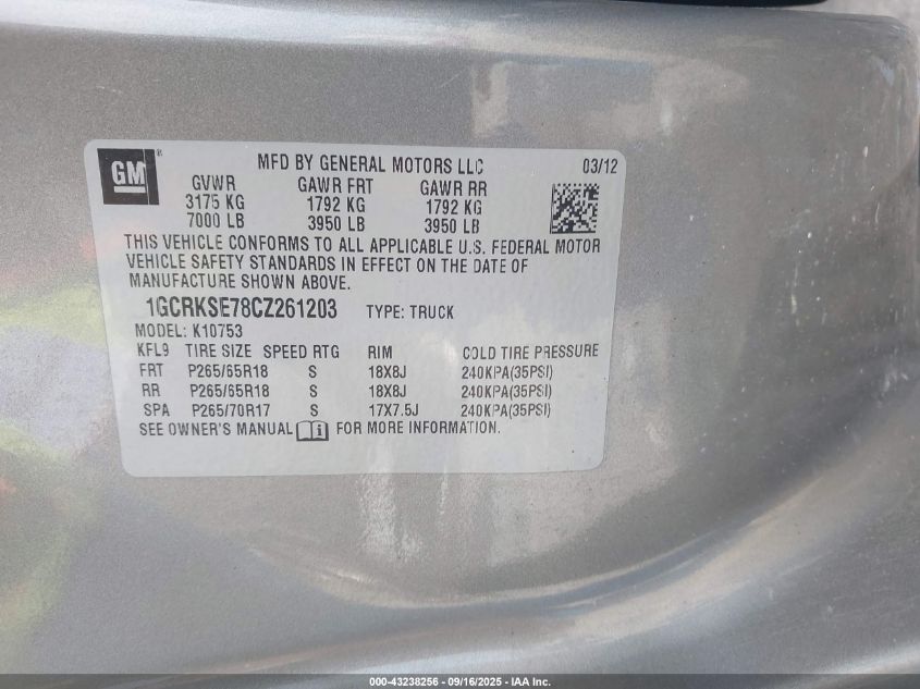 2012 Chevrolet Silverado 1500 Lt VIN: 1GCRKSE78CZ261203 Lot: 43238256