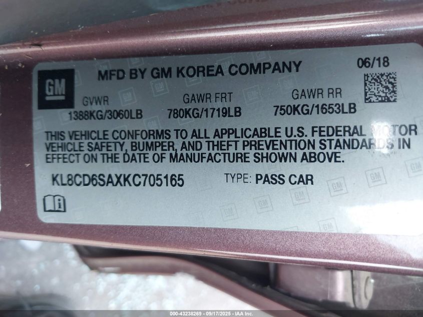 2019 Chevrolet Spark 1Lt Cvt VIN: KL8CD6SAXKC705165 Lot: 43238269