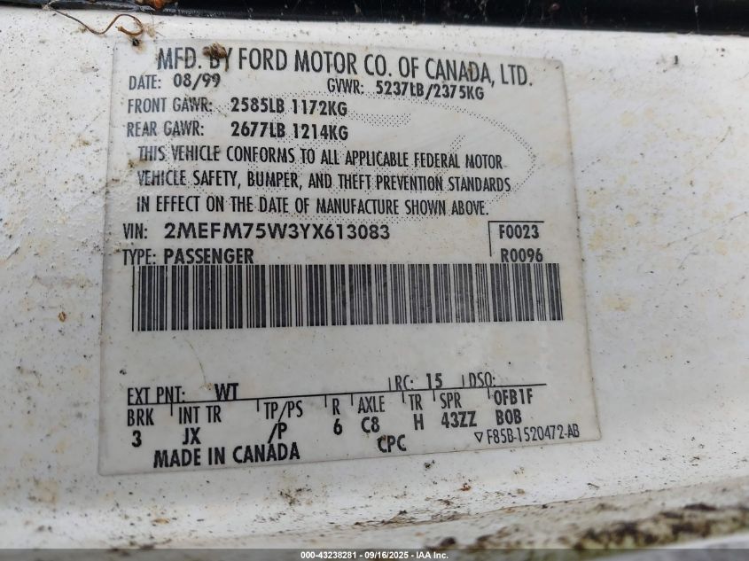 2000 Mercury Grand Marquis Ls VIN: 2MEFM75W3YX613083 Lot: 43238281