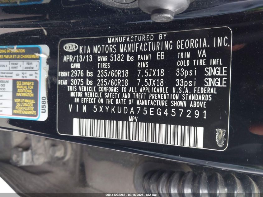 2014 Kia Sorento Ex V6 VIN: 5XYKUDA75EG457291 Lot: 43238287