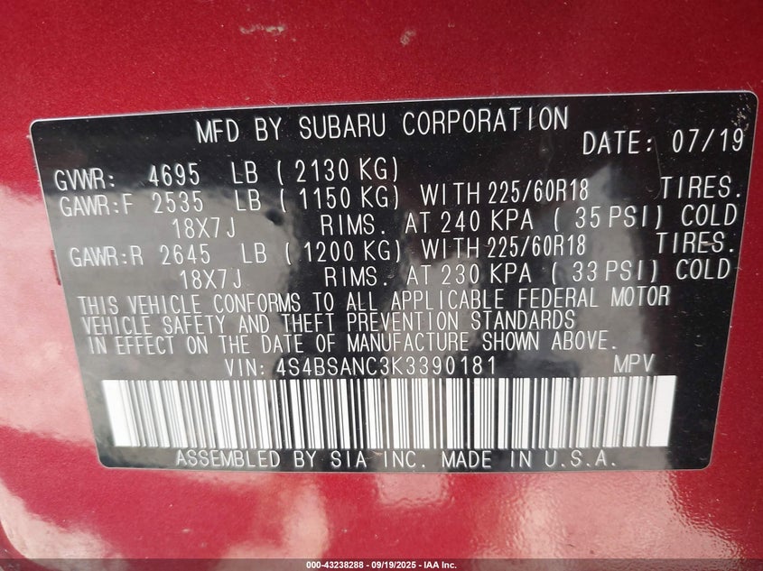 2019 SUBARU OUTBACK 2.5I LIMITED - 4S4BSANC3K3390181