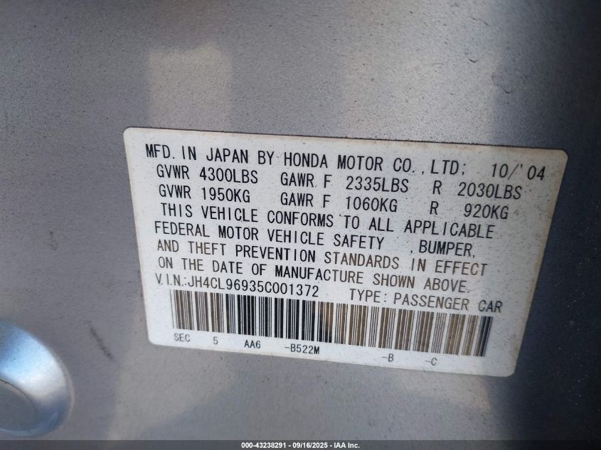 2005 Acura Tsx VIN: JH4CL96935C001372 Lot: 43238291