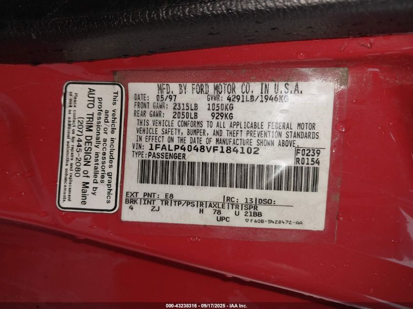 1997 Ford Mustang VIN: 1FALP4048VF184102 Lot: 43238316