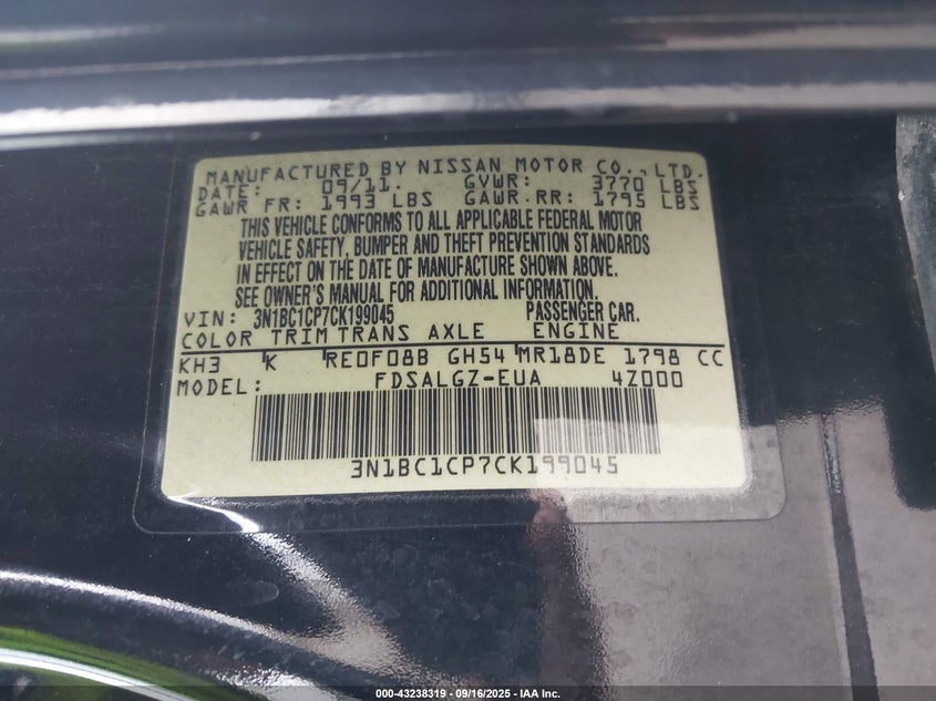 2012 Nissan Versa 1.8 Sl VIN: 3N1BC1CP7CK199045 Lot: 43238319