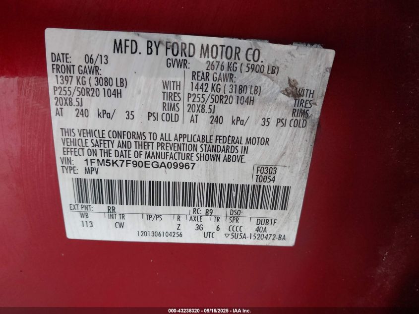 2014 Ford Explorer Limited VIN: 1FM5K7F90EGA09967 Lot: 43238320