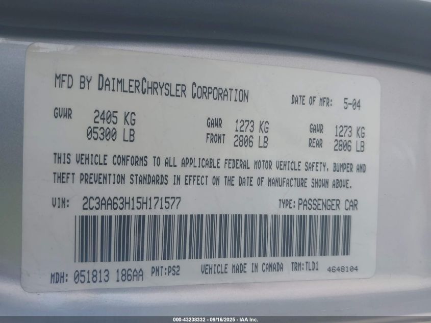 2005 Chrysler 300C VIN: 2C3AA63H15H171577 Lot: 43238332