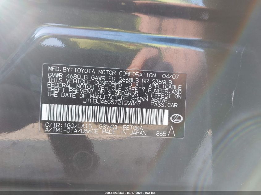 2007 Lexus Es 350 VIN: JTHBJ46G572122867 Lot: 43238333