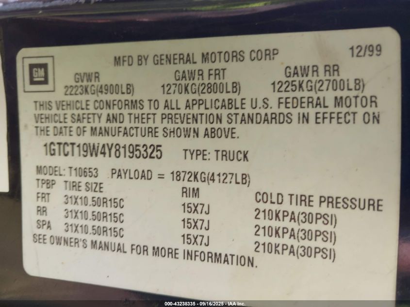 2000 GMC Sonoma Sls VIN: 1GTCT19W4Y8195325 Lot: 43238335