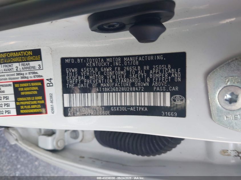 2008 Toyota Avalon Limited VIN: 4T1BK36B28U288472 Lot: 43238338