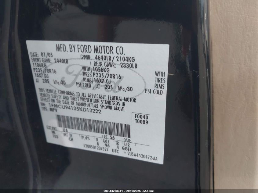 2005 Ford Escape Limited VIN: 1FMCU94135KD13222 Lot: 43238341