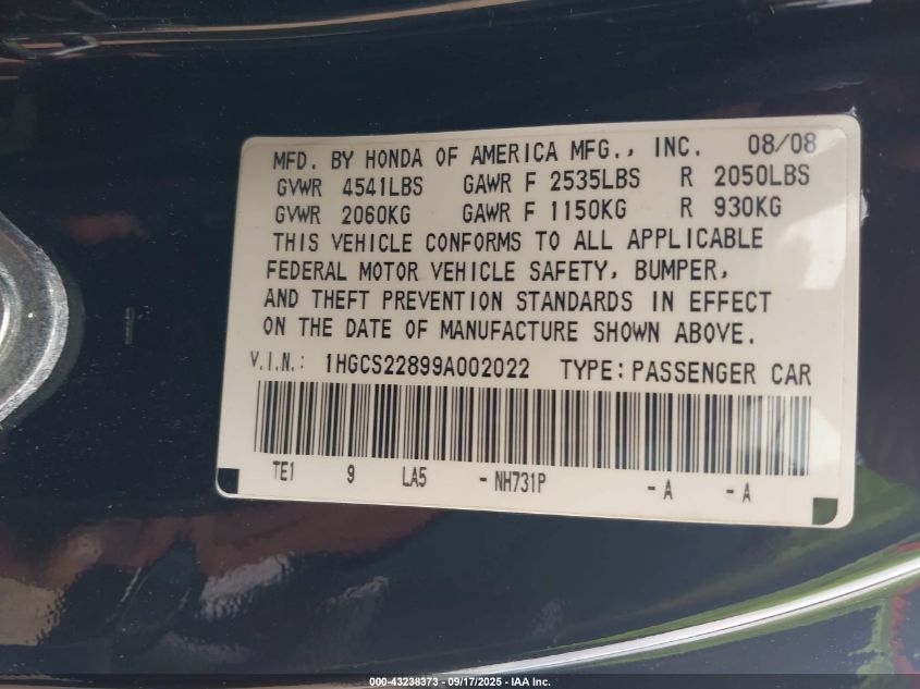 2009 Honda Accord 3.5 Ex-L VIN: 1HGCS22899A002022 Lot: 43238373