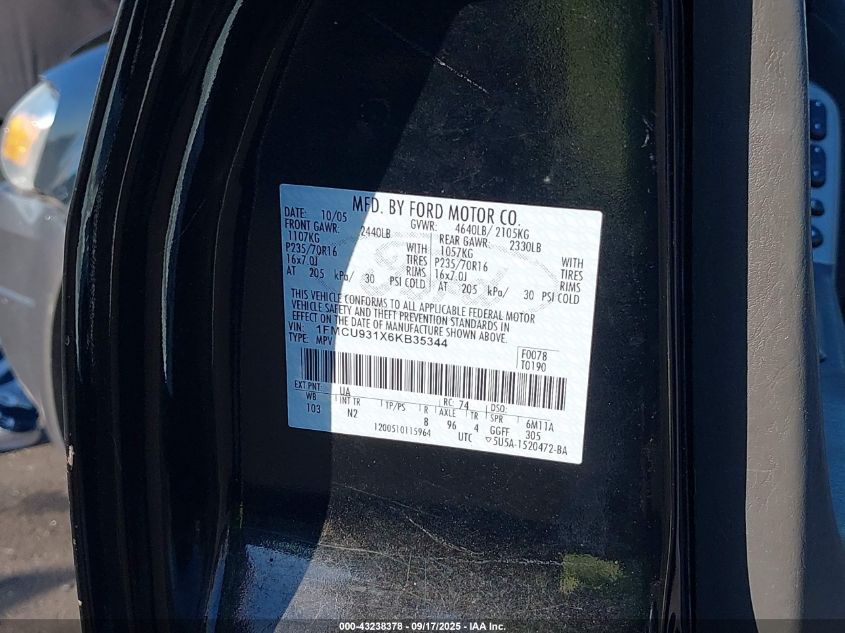 2006 Ford Escape Xlt/Xlt Sport VIN: 1FMCU931X6KB35344 Lot: 43238378