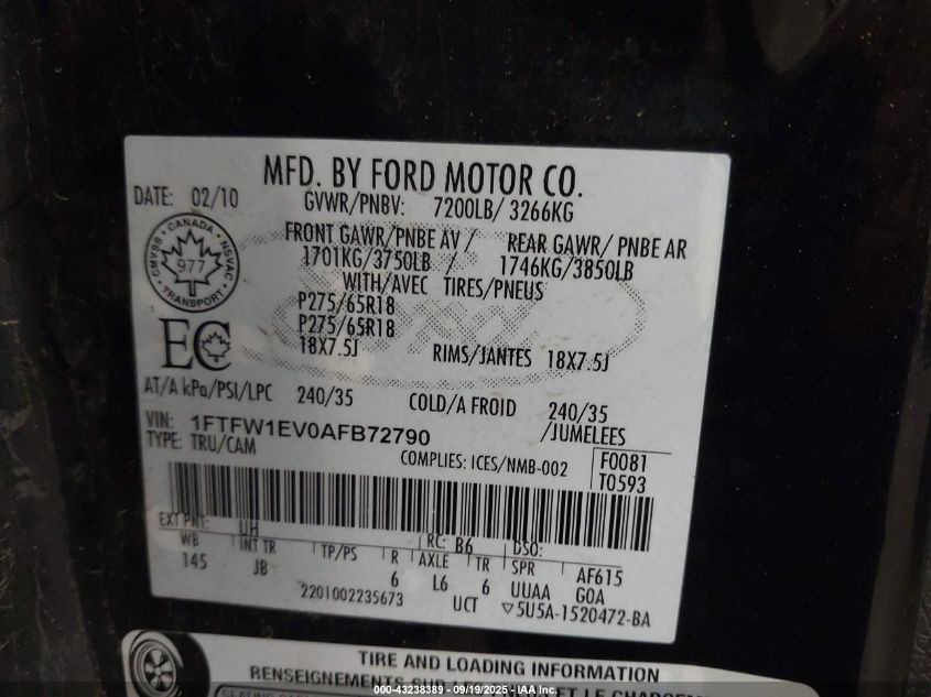 2010 Ford F-150 Fx4/Harley-Davidson/King Ranch/Lariat/Platinum/Xl/Xlt VIN: 1FTFW1EV0AFB72790 Lot: 43238389