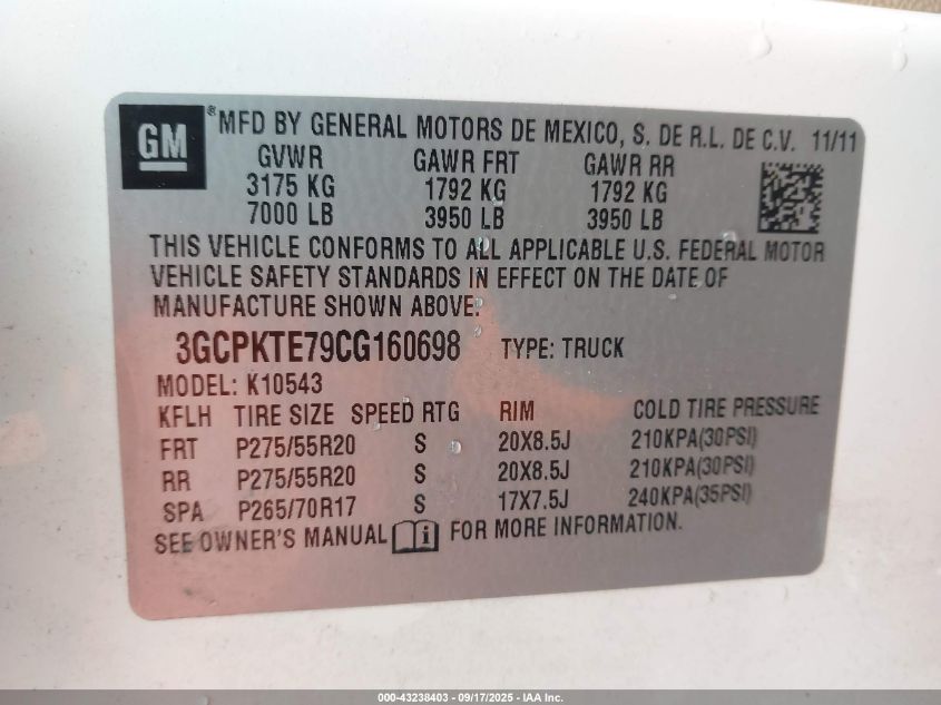 2012 Chevrolet Silverado 1500 Ltz VIN: 3GCPKTE79CG160698 Lot: 43238403