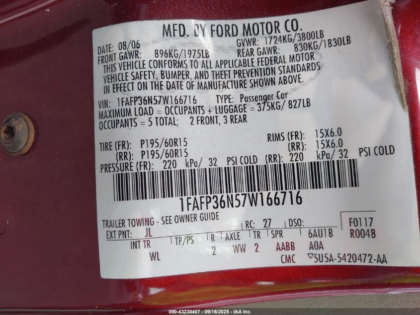 2007 Ford Focus Se/Ses VIN: 1FAFP36N57W166716 Lot: 43238407