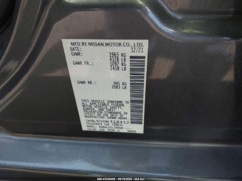 2022 Nissan Altima Sr Fwd VIN: 1N4BL4CV2NN318412 Lot: 43238409