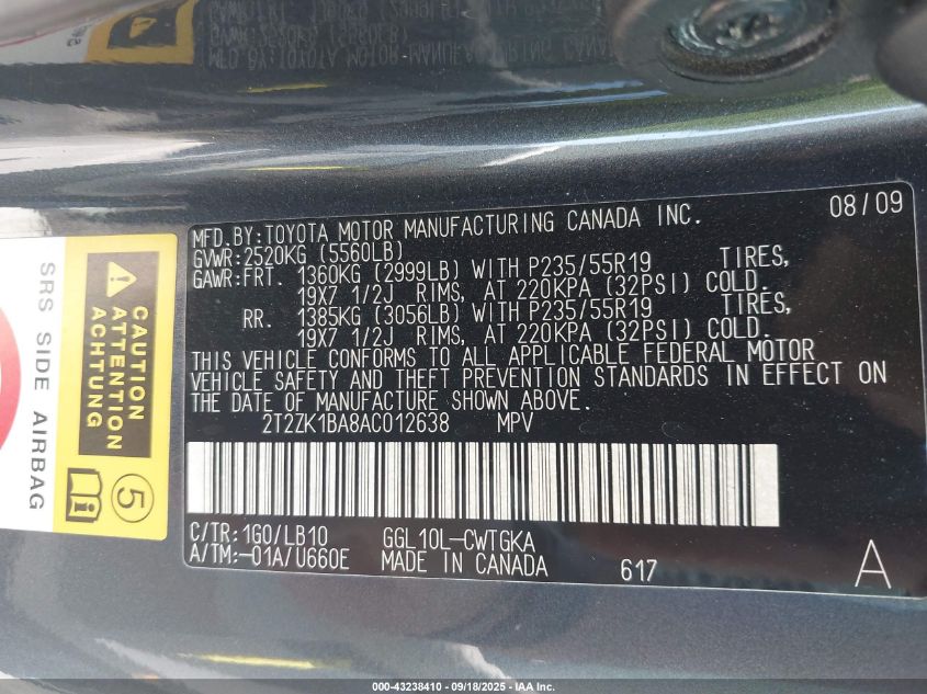 2010 Lexus Rx 350 VIN: 2T2ZK1BA8AC012638 Lot: 43238410