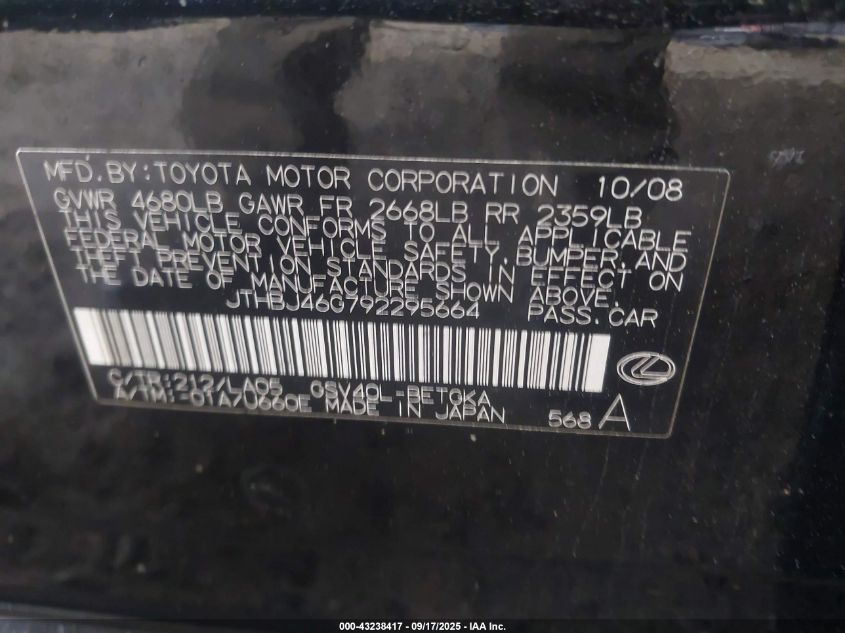 2009 Lexus Es 350 VIN: JTHBJ46G792295664 Lot: 43238417