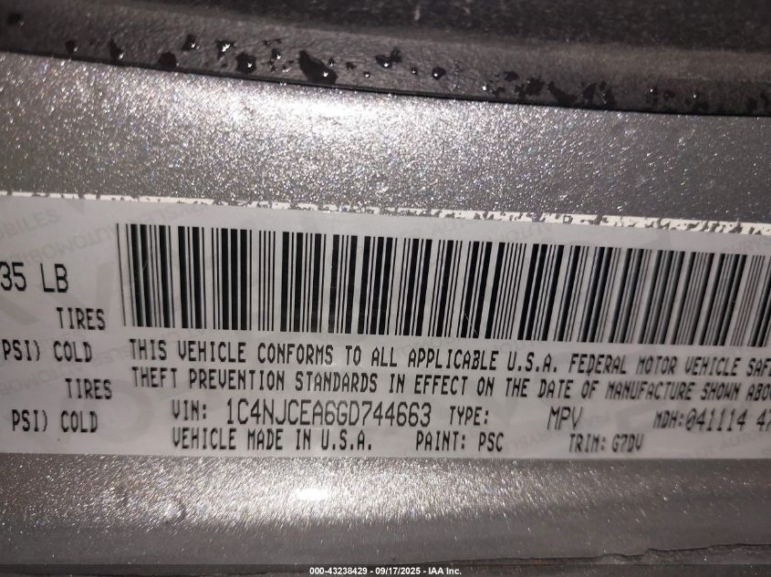 2016 Jeep Compass Latitude VIN: 1C4NJCEA6GD744663 Lot: 43238429