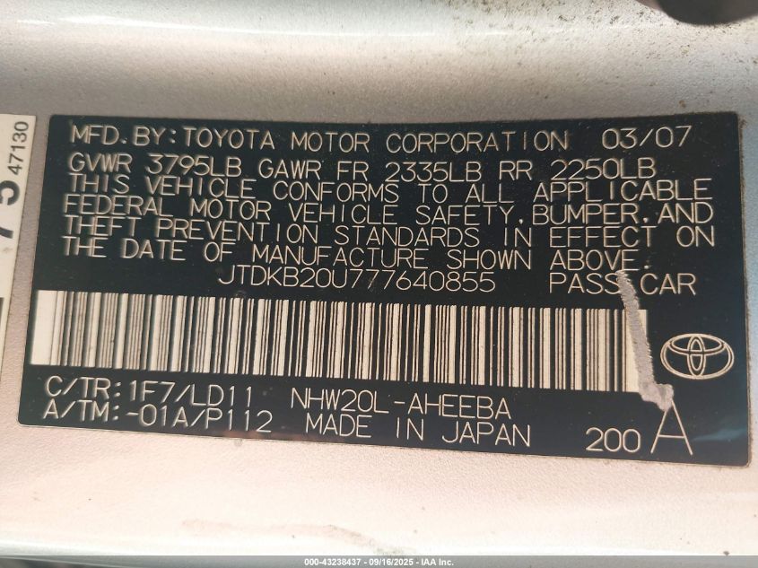2007 Toyota Prius VIN: JTDKB20U777640855 Lot: 43238437