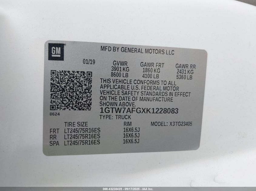 2019 GMC Savana 2500 Work Van VIN: 1GTW7AFGXK1228083 Lot: 43238439
